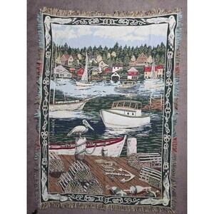 Goodwin Weavers Throw Blanket Fringed Lake Boats Fishing 100% Cotton Made USA